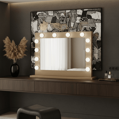 Dressing table with mirror and lights in a modern room