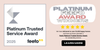 Platinum Trusted Service Award 2025 badge from Feefo at left. At right, bold text says Platinum Feefo Award Winners above five gold stars and a note about delivering to over 51,000 homes. A Learn More button is below.
