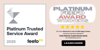 Platinum Trusted Service Award 2025 badge from Feefo at left. At right, bold text says Platinum Feefo Award Winners above five gold stars and a note about delivering to over 51,000 homes. A Learn More button is below.