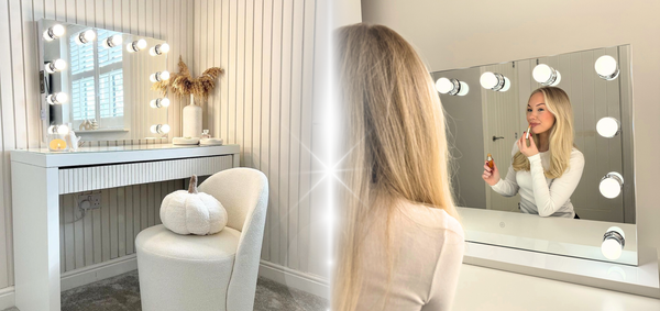 A modern vanity setup with a lighted mirror, white chair, and decorative items on the left; on the right, a woman with long blonde hair applies lipstick while sitting at a similar vanity and mirror.