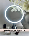 LumiGlam Pro Chrome Vanity Mirror with Cool LED Lights and Makeup Essentials Displayed Nearby