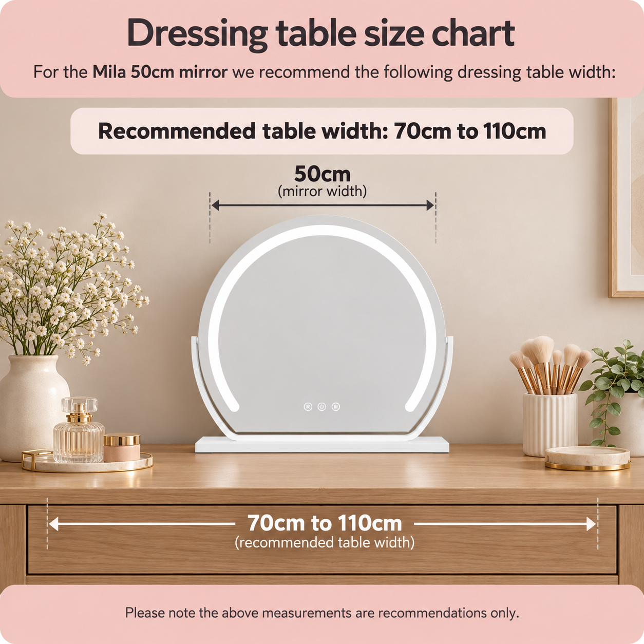 Mila 50cm round ressing table mirror tabletop white with lights