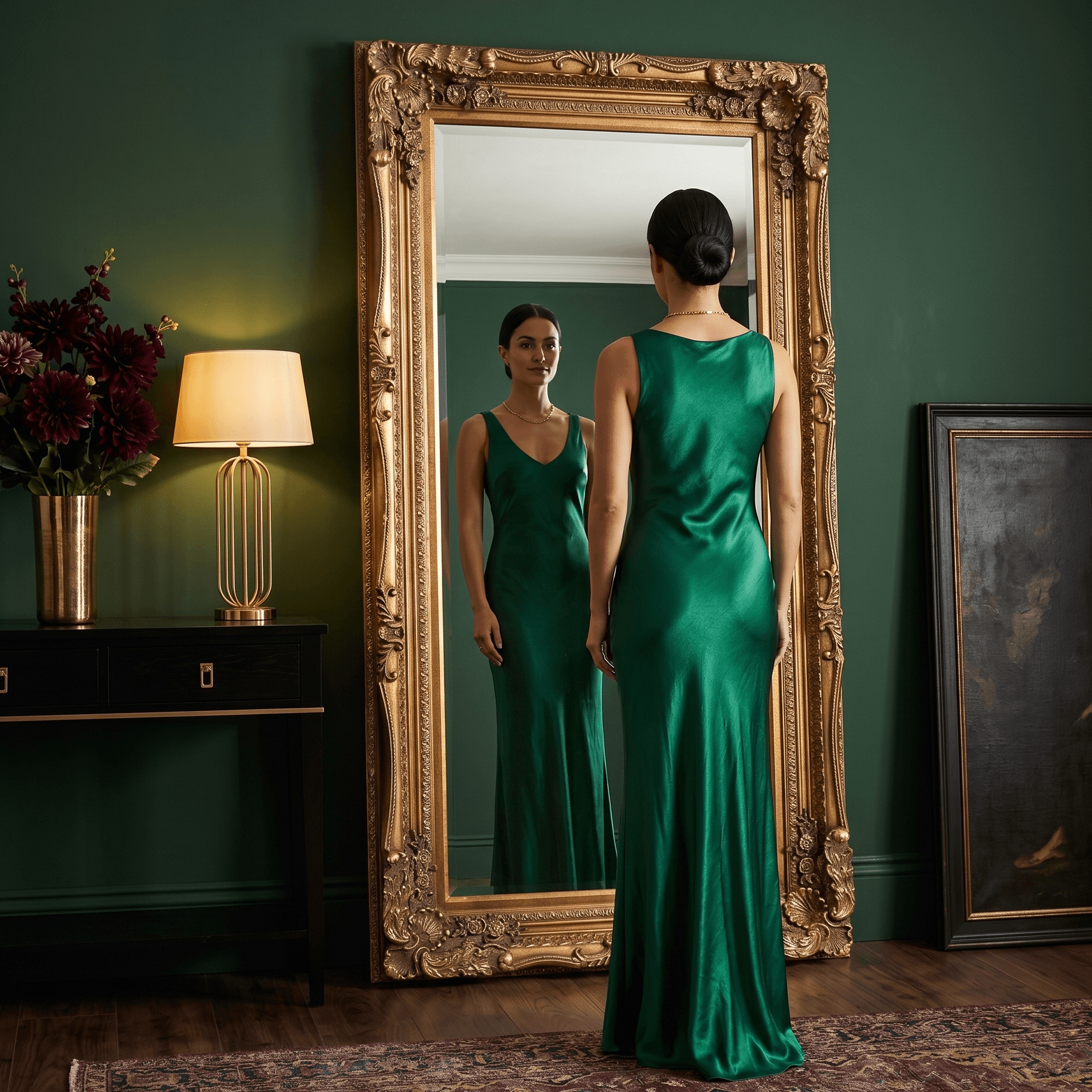Charles ornate gold full length leaner mirror 176cm x 90cm styled in dramatic forest green bedroom with emerald silk gown and burgundy dahlias — Hollywood Mirrors