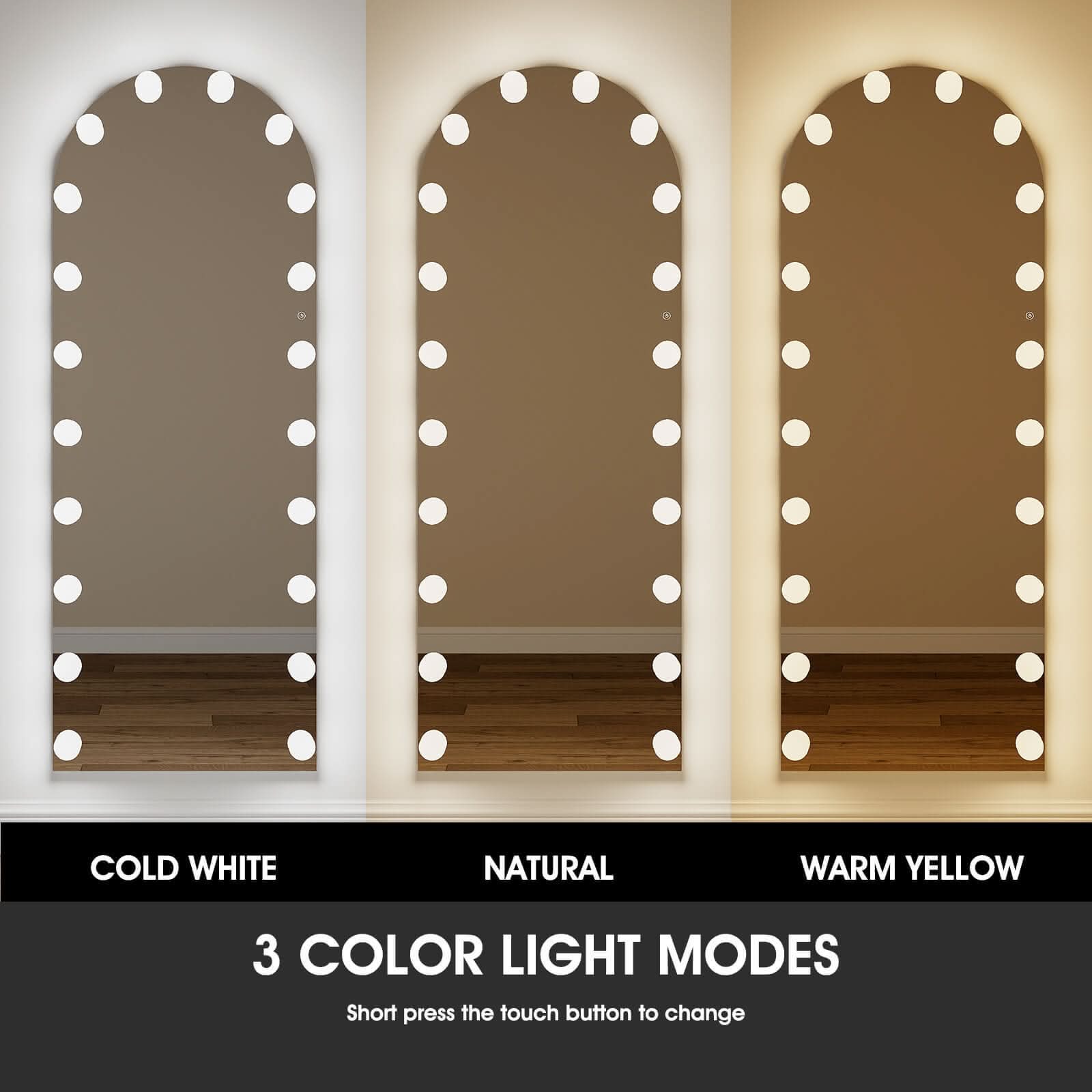 Hollywood mirror with 3 color light modes: cold white, natural, and warm yellow. Features 20-bulb LED setup for perfect lighting.
