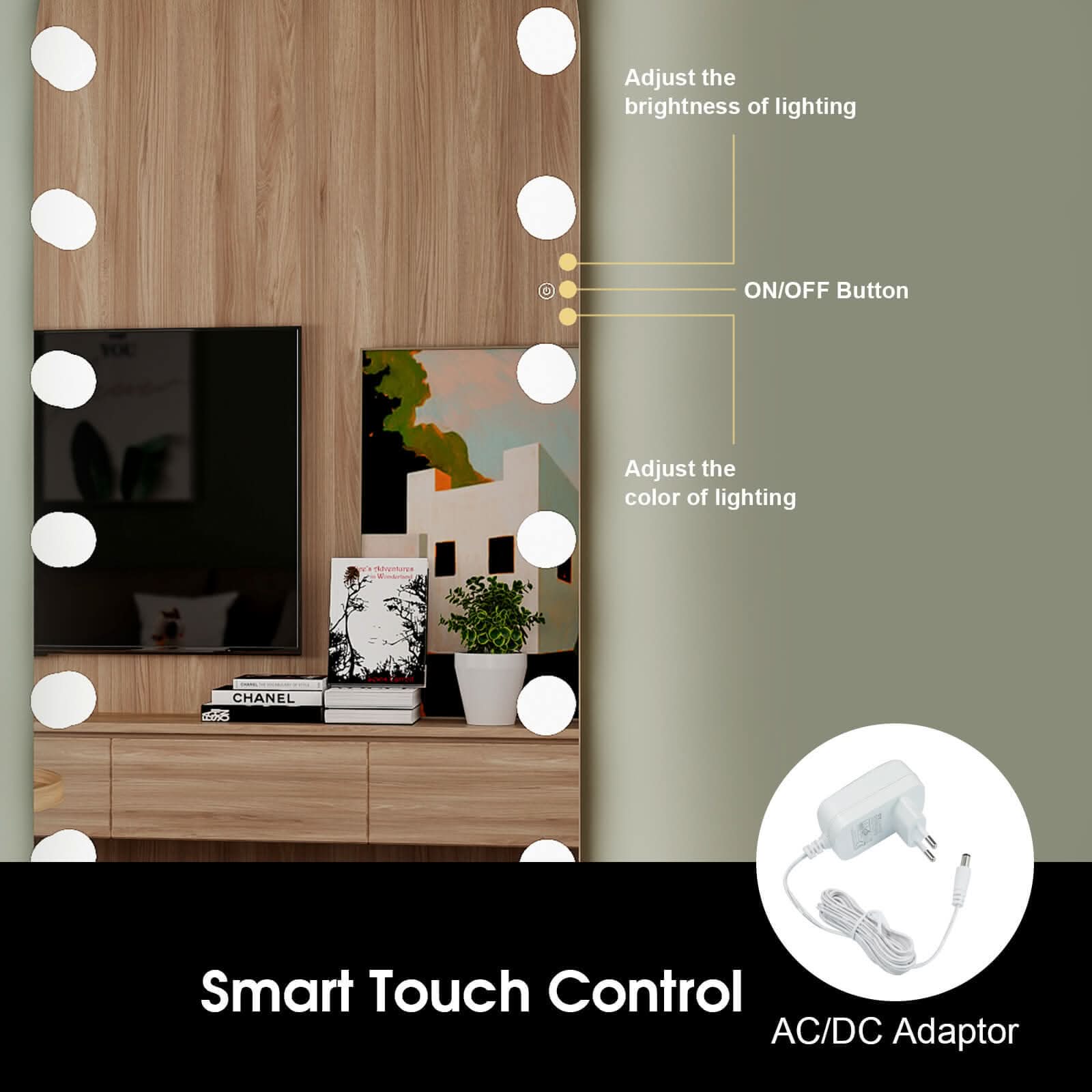 Smart touch control on Angelina full-length Hollywood mirror with LED lights and AC/DC adaptor, showing dimmable and color settings.