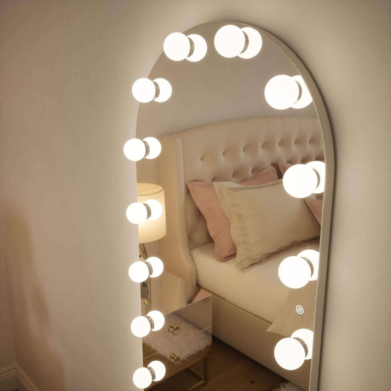 Full-length Hollywood mirror with LED lights, showcasing bright, studio-quality lighting, perfect for glam setups and selfies.