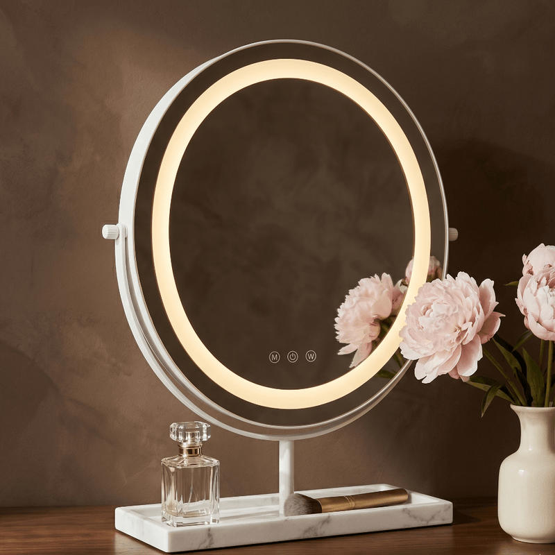 Aurelia LED Vanity Mirror — White & Marble showcasing studio-bright lighting and a stylish design.