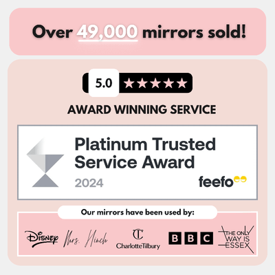 Promotional graphic: Over 49,000 mirrors sold! Award-winning 5-star service. Featuring the PRE ORDER Mid JUNE Anne Round Hollywood Mirror Gold 60x63cm, customizable lighting, 2024 Platinum Trusted Service Award from Feefo, and top brand logos.