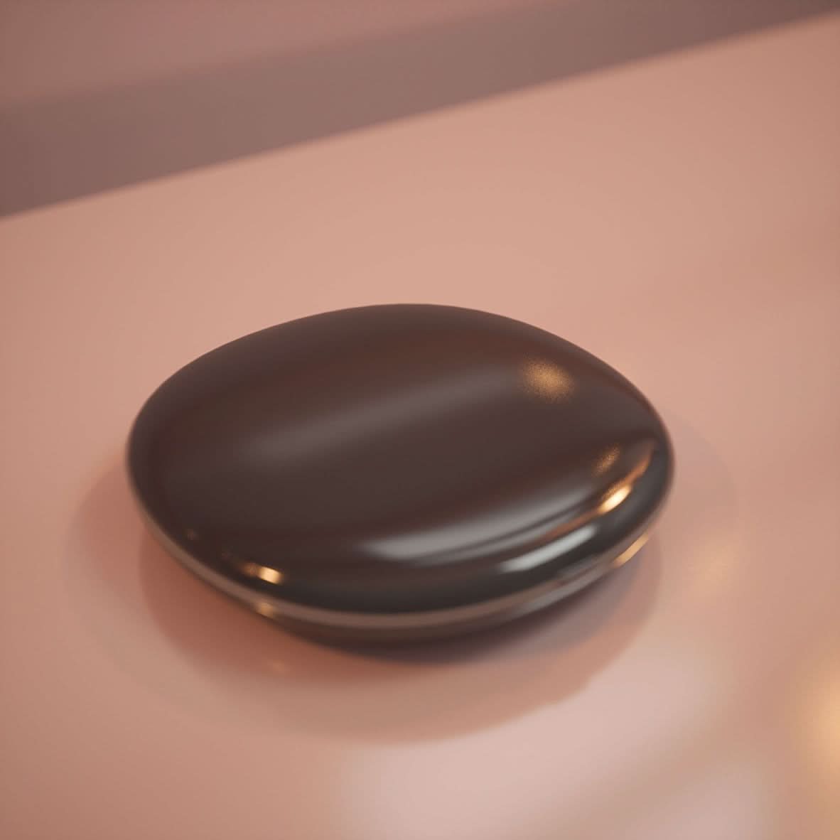 A sleek, dark Black Compact Mirror with Light rests on a pale surface under warm lighting. Its glossy finish reflects light like a portable vanity mirror, giving it a soft and elegant look.
