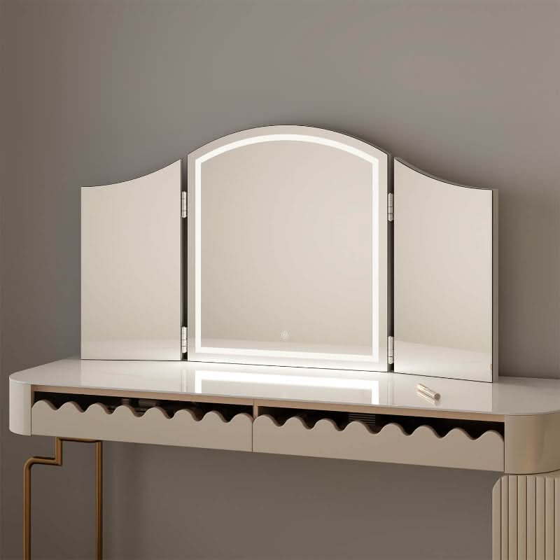 Cate Triple Dressing Table Mirror with LED lighting, elegant trifold design on a stylish vanity, perfect for modern glamour and flawless visibility.