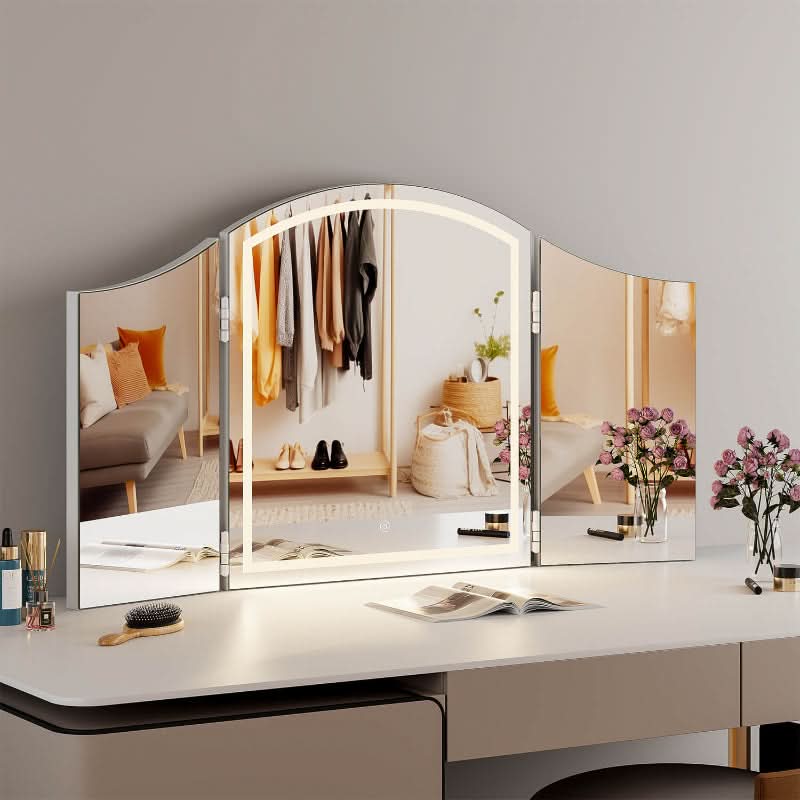 Cate Triple Dressing Table Mirror with LED lighting, elegant trifold design, enhancing visibility and glamour on a modern vanity.