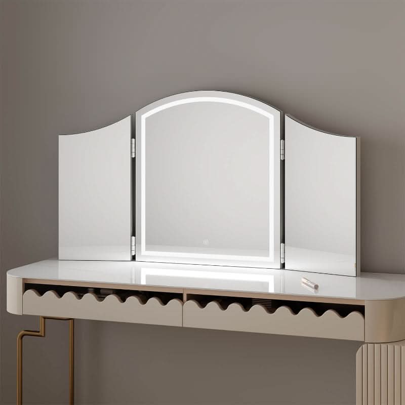 Cate Triple Dressing Table Mirror with curved trifold design and LED lighting, offering elegant, practical, and glamorous timeless beauty.