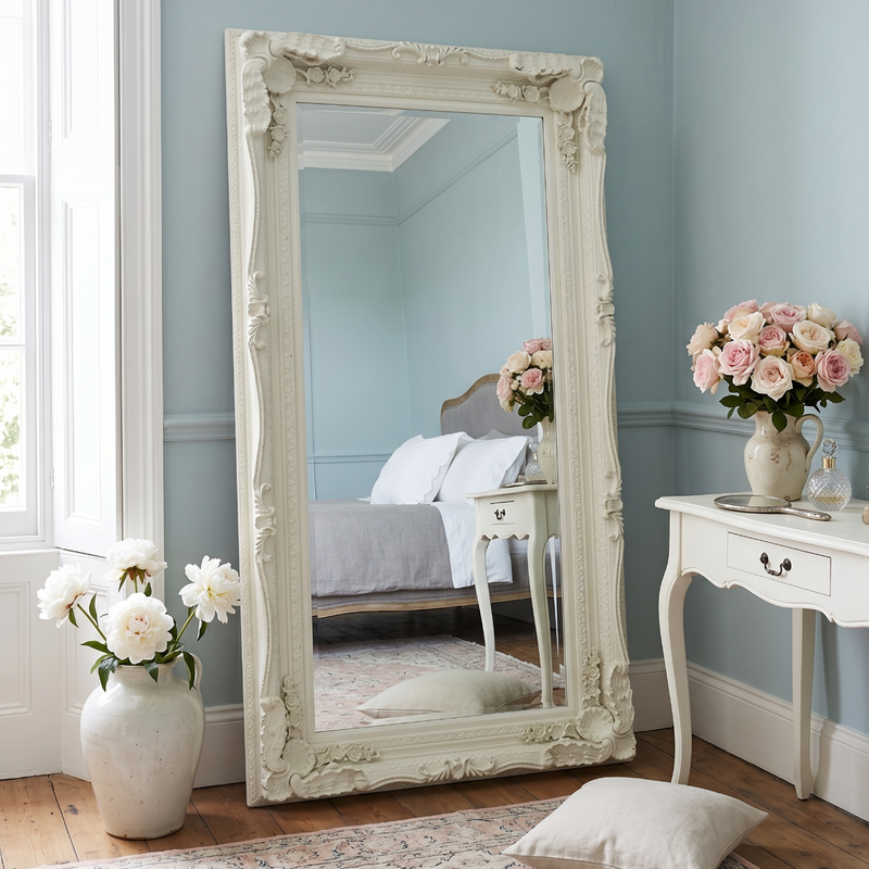 Charles ornate cream carved full length leaner mirror 176cm x 90cm in Georgian period bedroom with blush garden roses, French dressing table and faded Persian rug