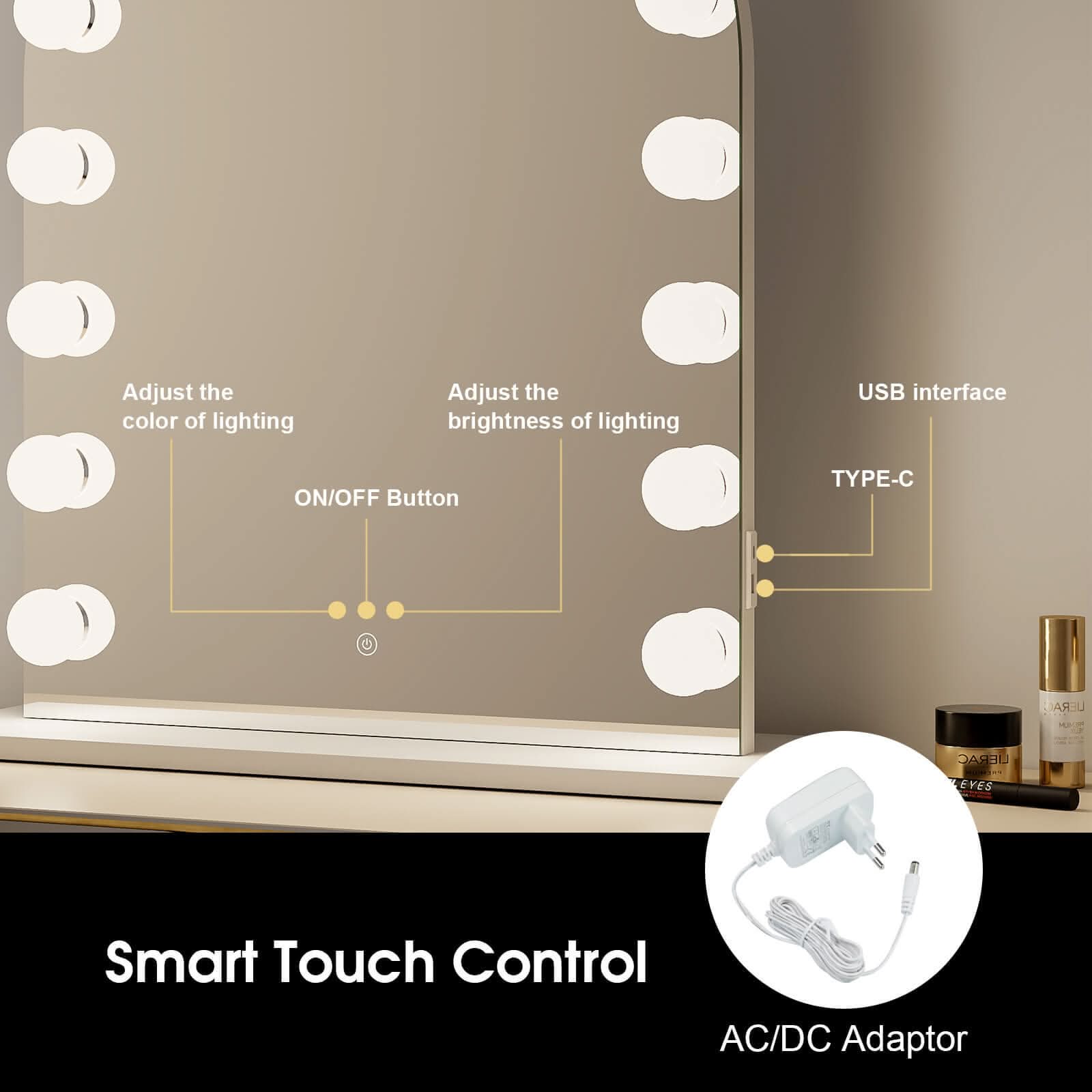 Charlize Arch Hollywood Mirror with Smart Touch Control and USB Ports, featuring adjustable G60 LEDs for perfect vanity lighting.