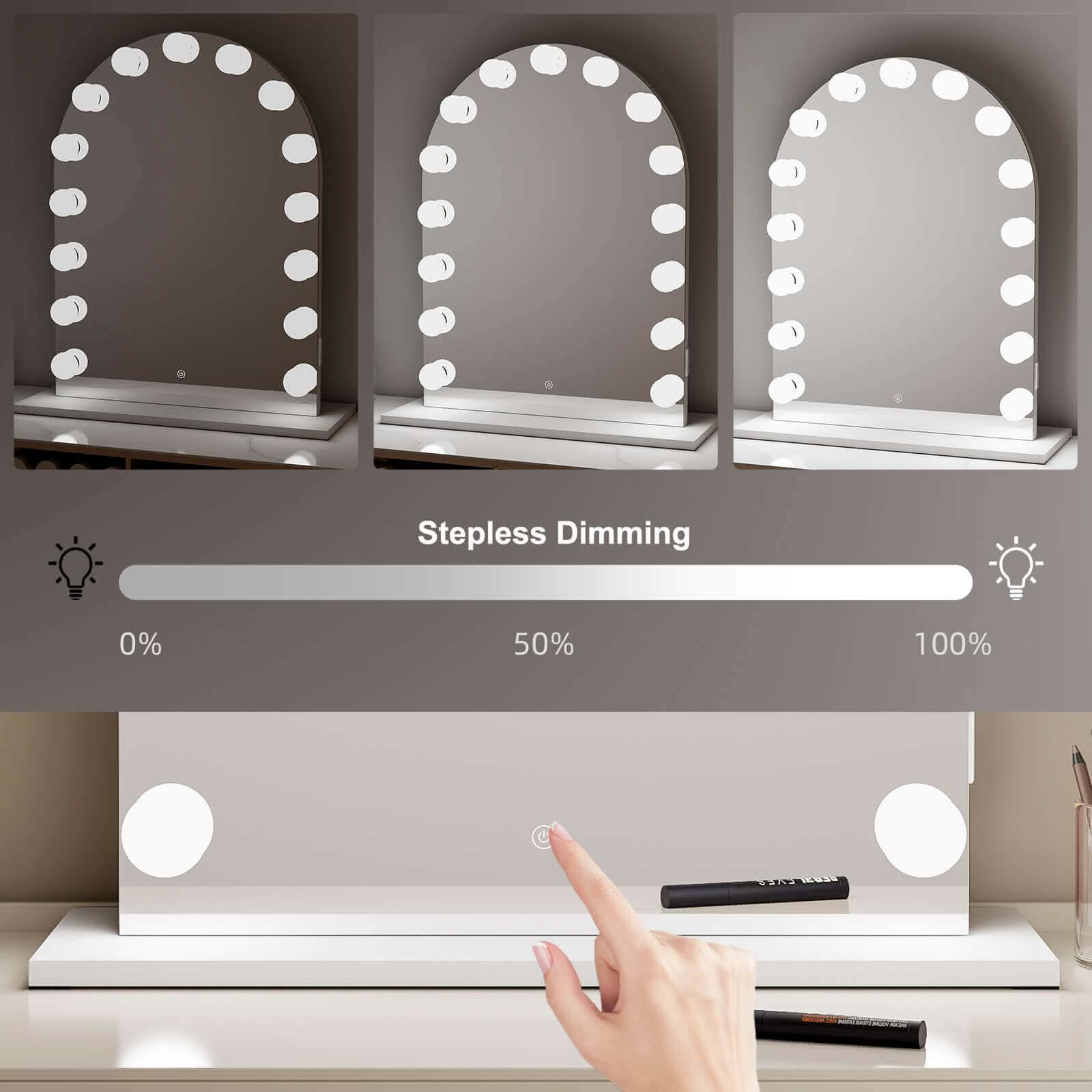 Charlize Arch Hollywood Mirror with LED bulbs and stepless dimming control showcasing 3 light modes on a dressing table.