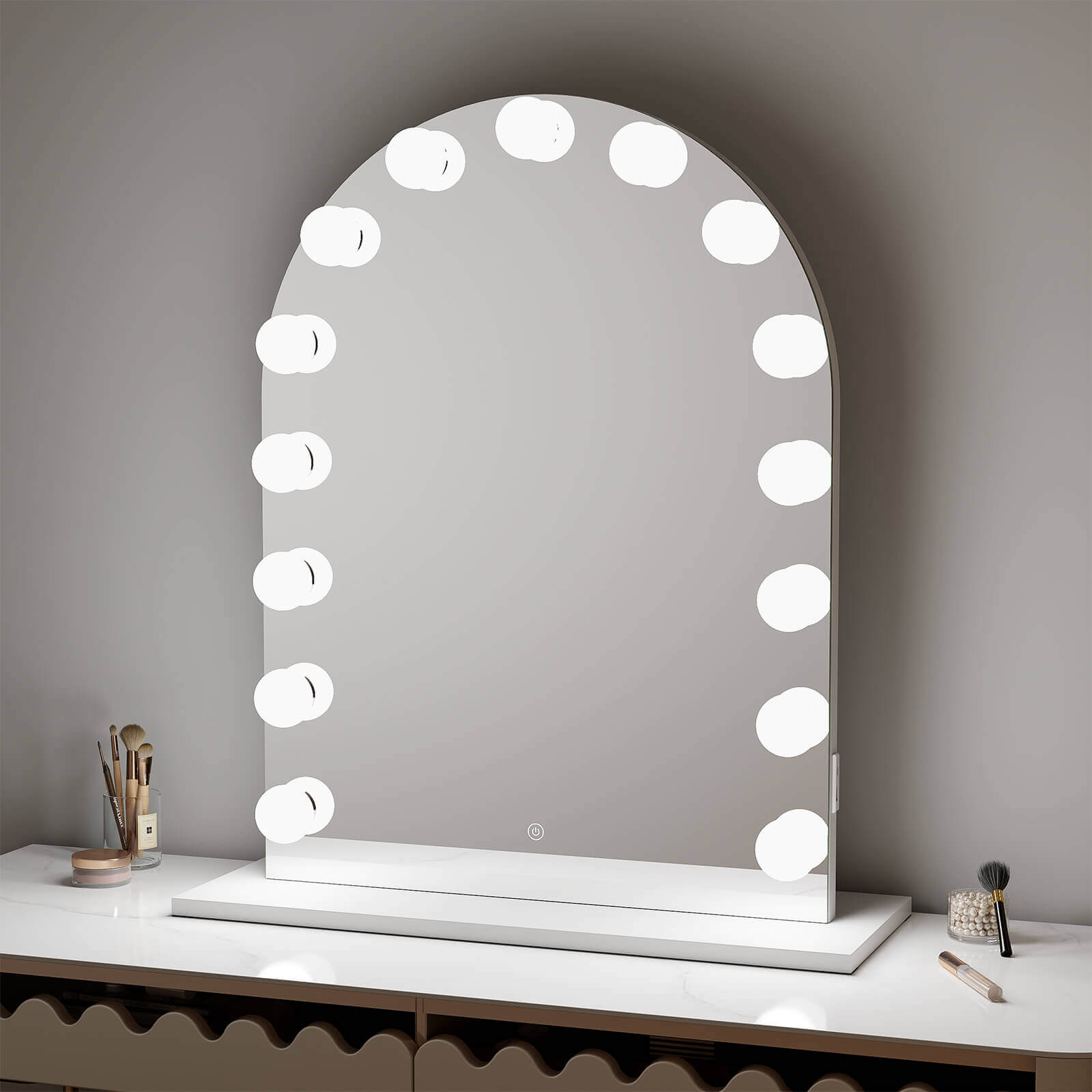 Charlize Arch Hollywood Vanity Mirror with 15 LED bulbs on table top, featuring soft arch design and 3 color modes for perfect lighting.