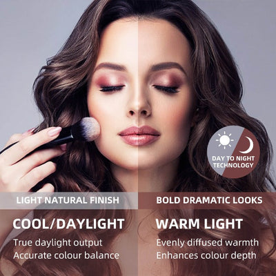 A woman with wavy brown hair appears in front of the Penelope Hollywood Mirror Wall Mounted 80cmx60cm, her face split to show how cool LED lighting on one side looks natural while warm light on the other adds drama, with text describing each effect.