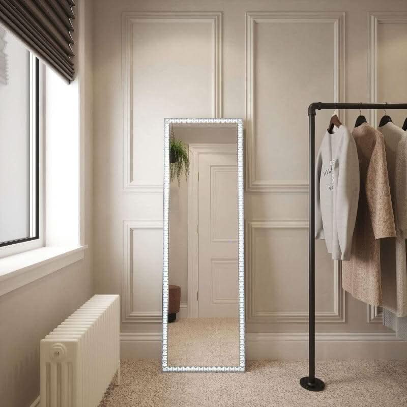 Crystal Edge Full Length Mirror 50x155cm with adjustable lighting in elegant room setting.
