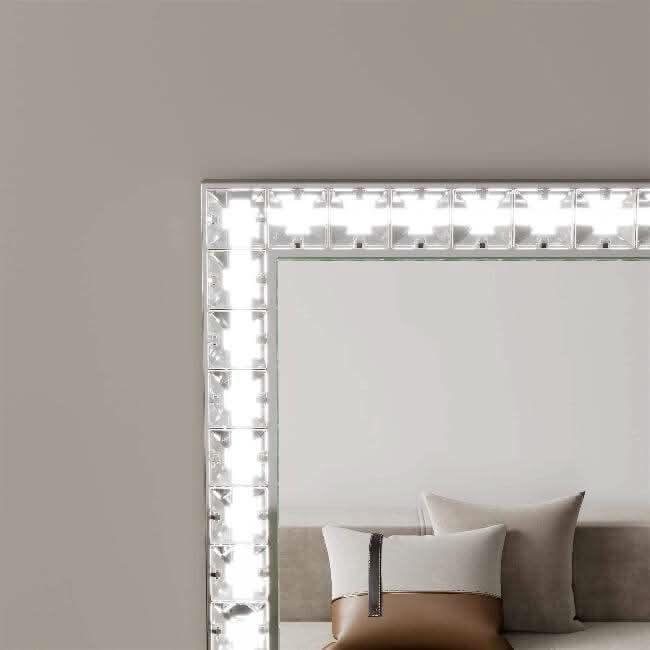 Crystal Edge Full Length Mirror with illuminated frame in elegant interior, featuring three lighting modes for versatile styling, 50x155 cm.