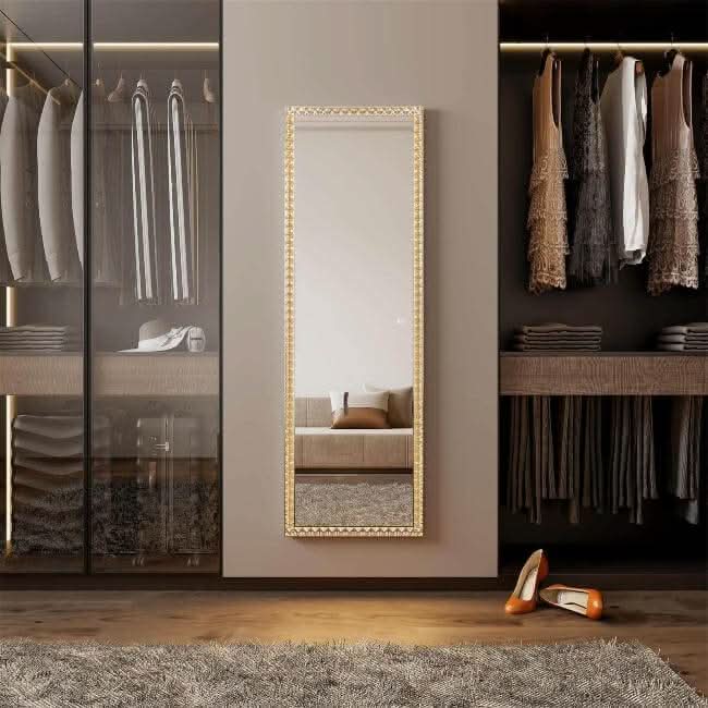 Crystal Edge Full Length Mirror 50 x 155cm in elegant bedroom setting, featuring three lighting modes for versatile ambiance.