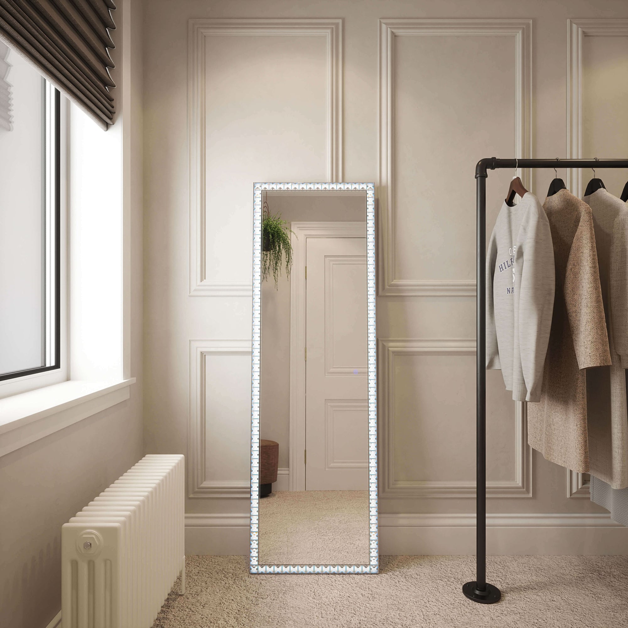 Crystal Edge Full Length Mirror 50x155cm in elegant room setting with versatile lighting modes for stylish interiors