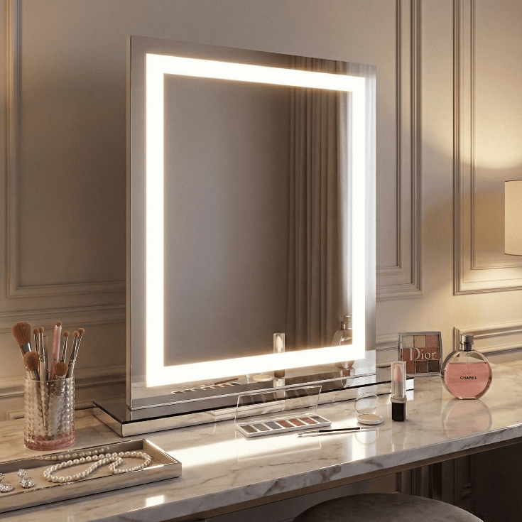 modern dressing table mirror crystal pro portrait with bright led lights all glass mirrored base. tri colour bulbs