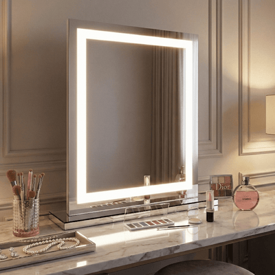 modern dressing table mirror crystal pro portrait with bright led lights all glass mirrored base. tri colour bulbs