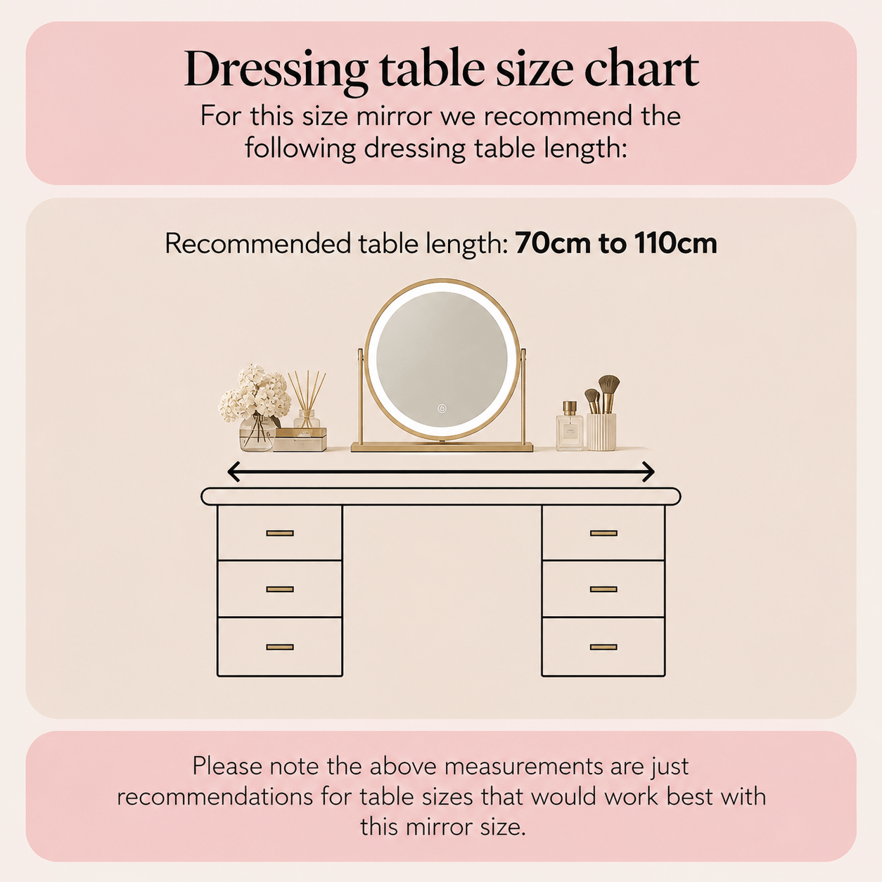 Dressing table size chart for Middle October Island Round LED Vanity Mirror – Glamour Gold, recommended table length 70cm to 110cm.