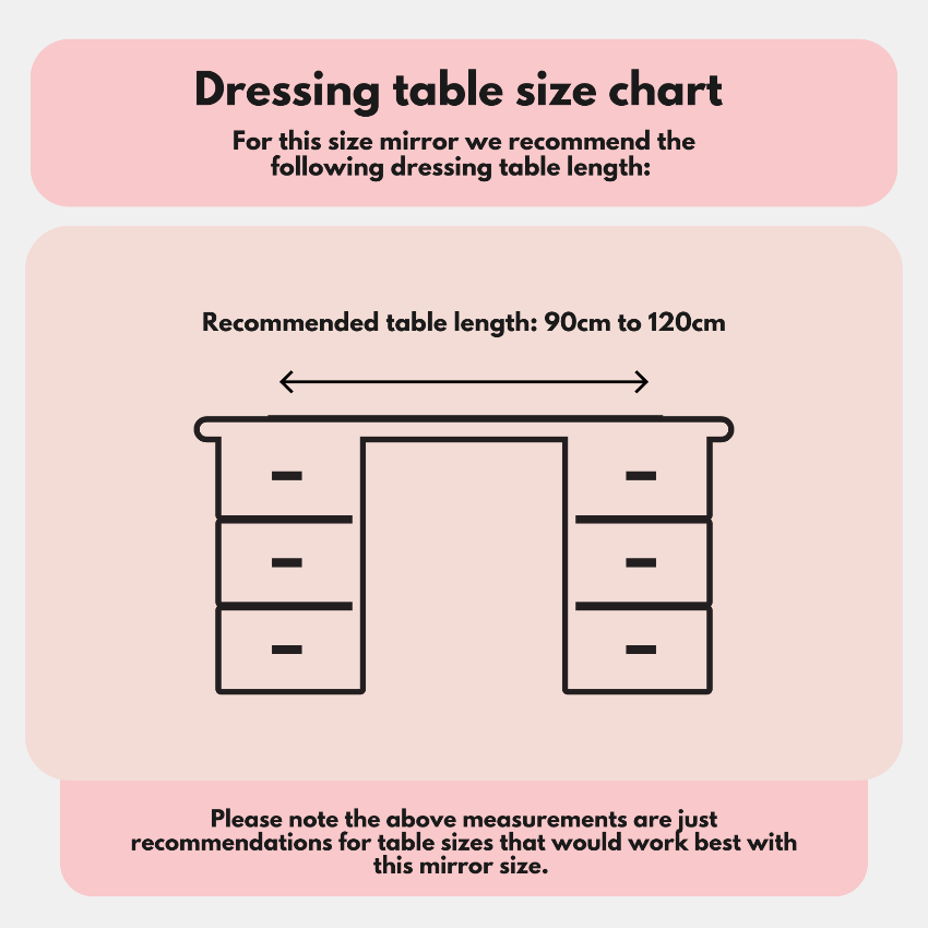 A chart displays a dressing table with drawers and a double-headed arrow above it, recommending a table length of 90–120cm for the Alicia Hollywood Mirror 60cmx80cm by hollywood mirrors. Text notes these are suggested measurements.