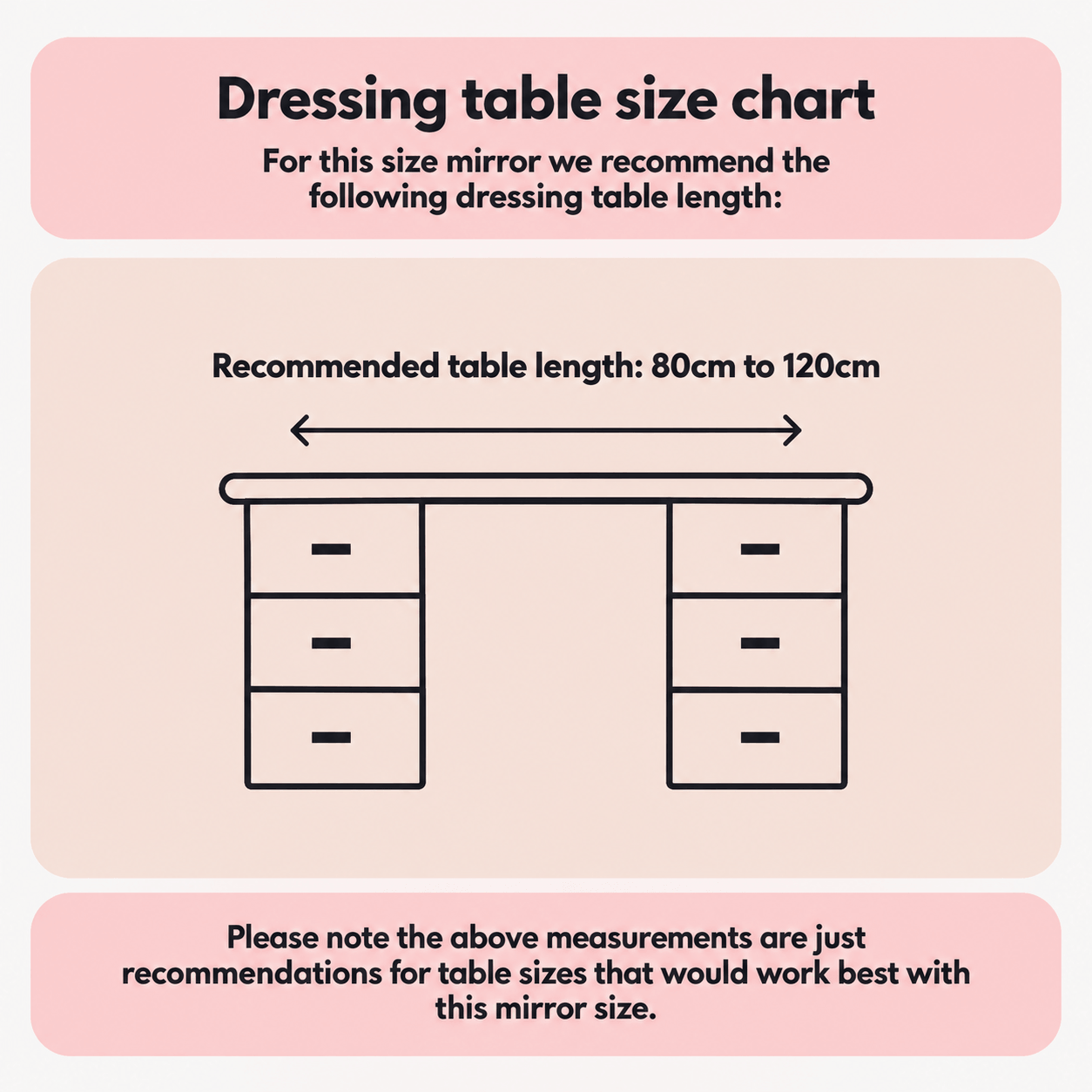 Dressing table size chart for Gigi Glamour Gold LED Vanity Mirror, recommending table lengths of 80cm to 120cm for optimal use.