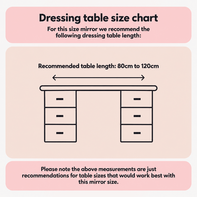 Dressing table size chart for Gigi Glamour Gold LED Vanity Mirror, recommending table lengths of 80cm to 120cm for optimal use.