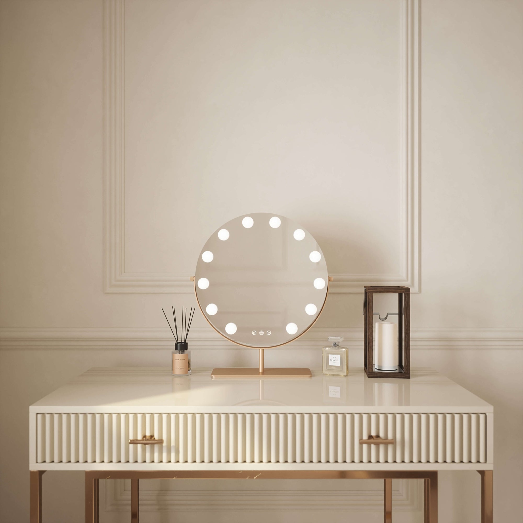 Hawn Gold Round Hollywood Mirror with LED lights on elegant vanity table, perfect for creating a glamorous dressing room atmosphere.