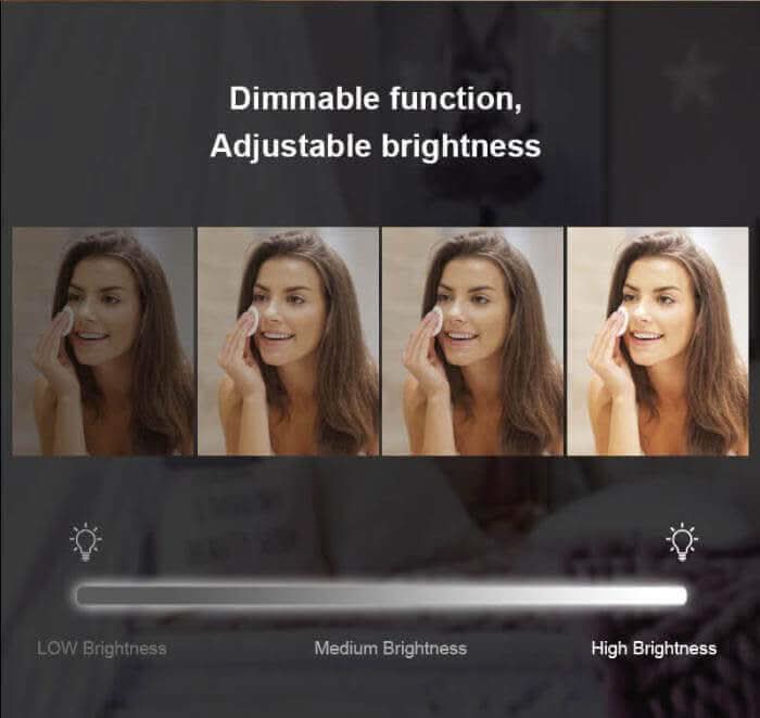 Woman using dimmable Hollywood mirror with adjustable brightness, featuring low, medium, and high LED settings for versatile lighting.