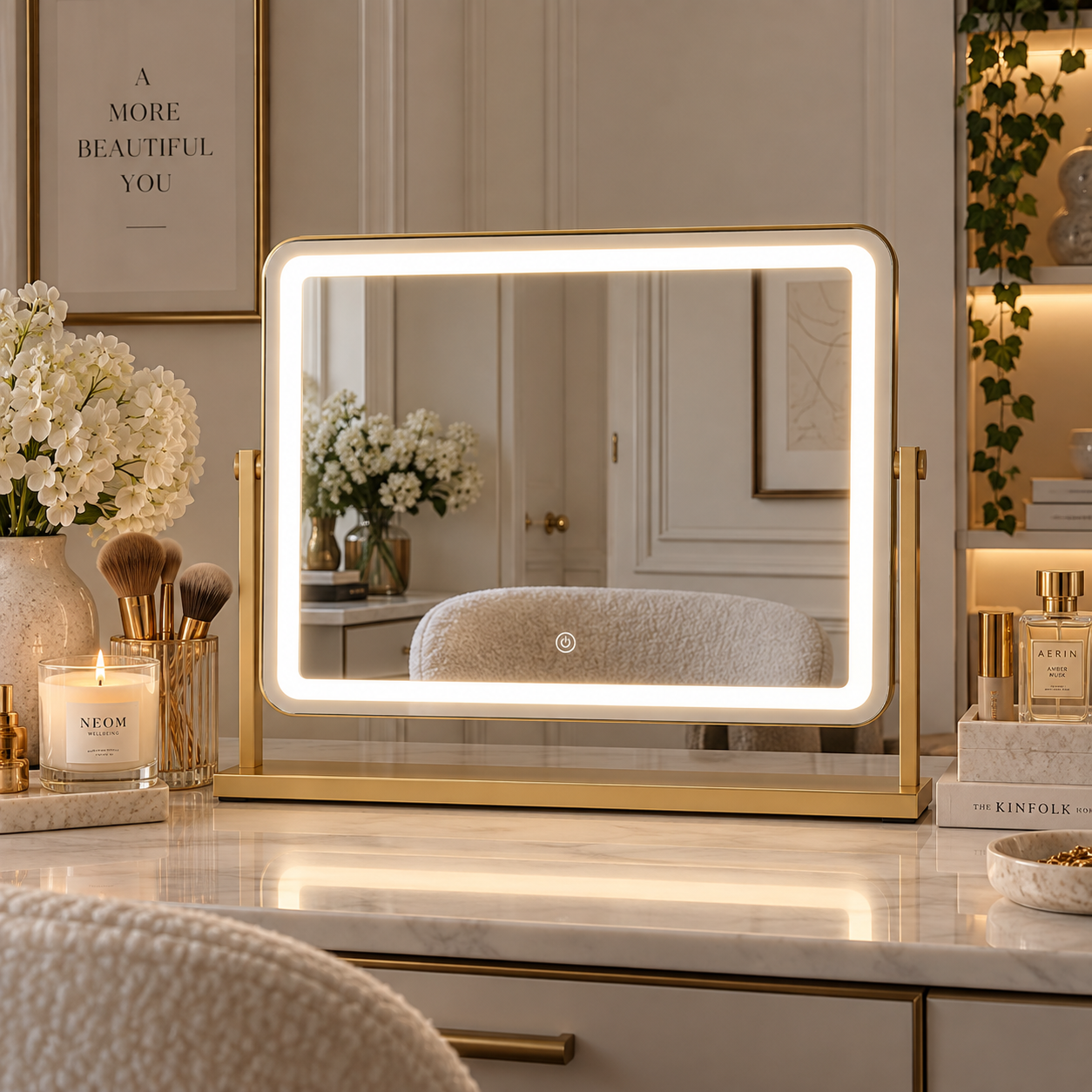 Pre Order Mid October Gigi Glamour Gold LED Vanity Mirror with 10x Magnifying Mirror on elegant dressing table.