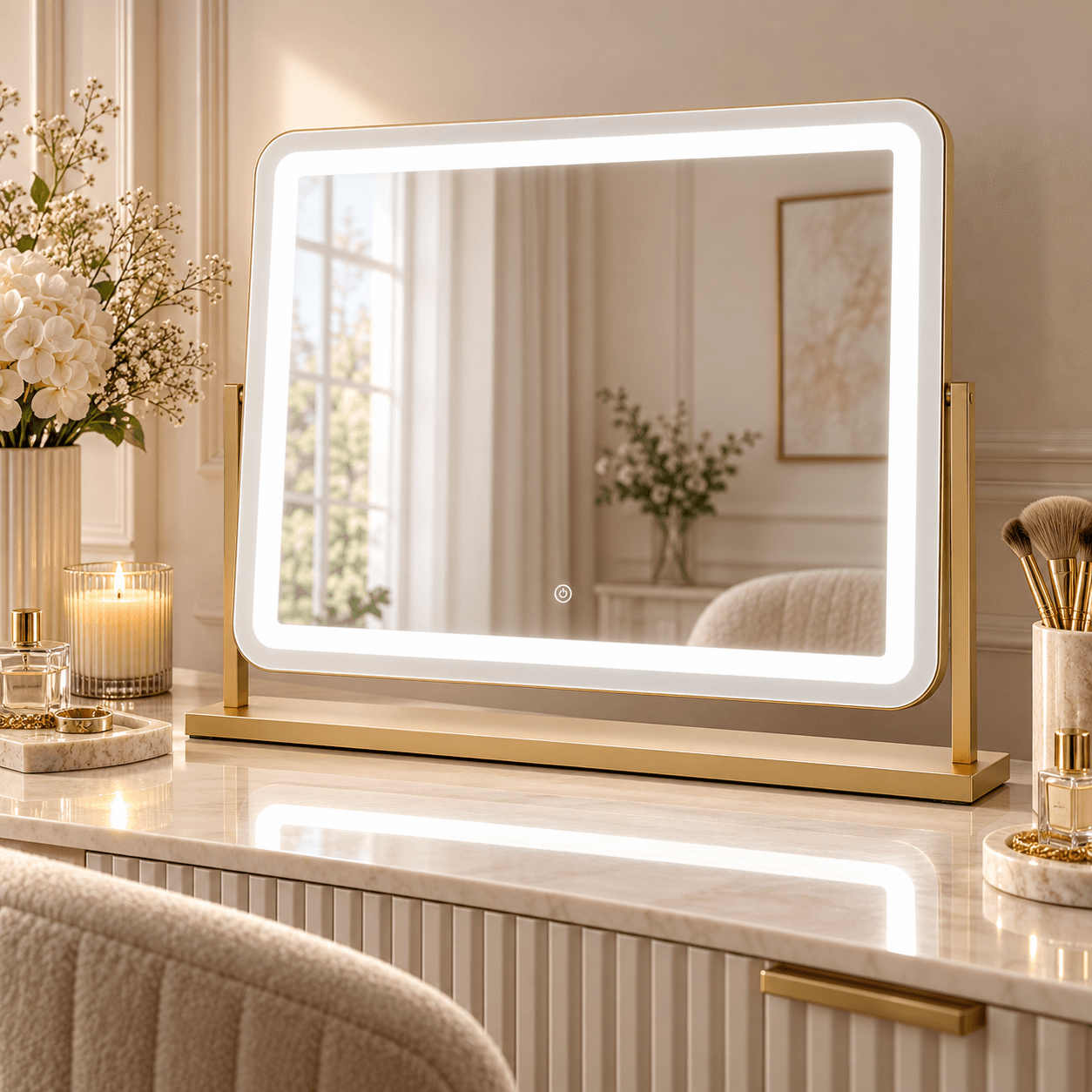 Mid October Gigi Glamour Gold LED Vanity Mirror on a dressing table, showcasing tilt 360 and modern design.