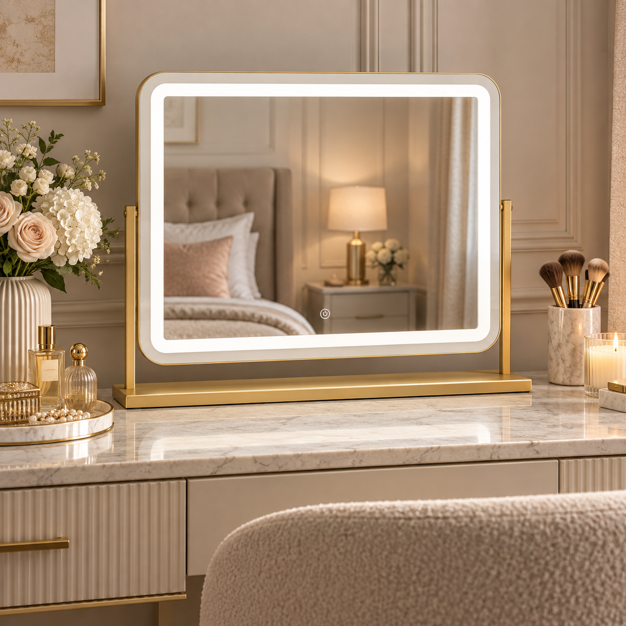 Pre Order Mid October Gigi Glamour Gold LED Vanity Mirror with 10x Magnifying Mirror on a dressing table, elegant and functional.