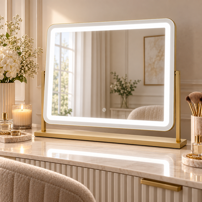 Pre Order Mid October Gigi Glamour Gold LED Vanity Mirror with 10x Magnifying Mirror on a stylish dressing table.