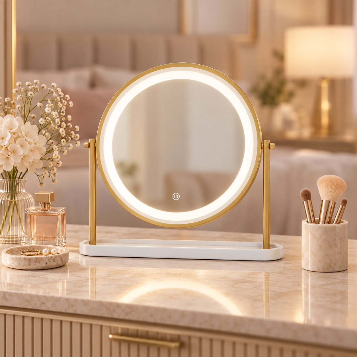 Pre Order Middle October Island Round LED Vanity Mirror – Glamour Gold on a dressing table with lights and elegant design.