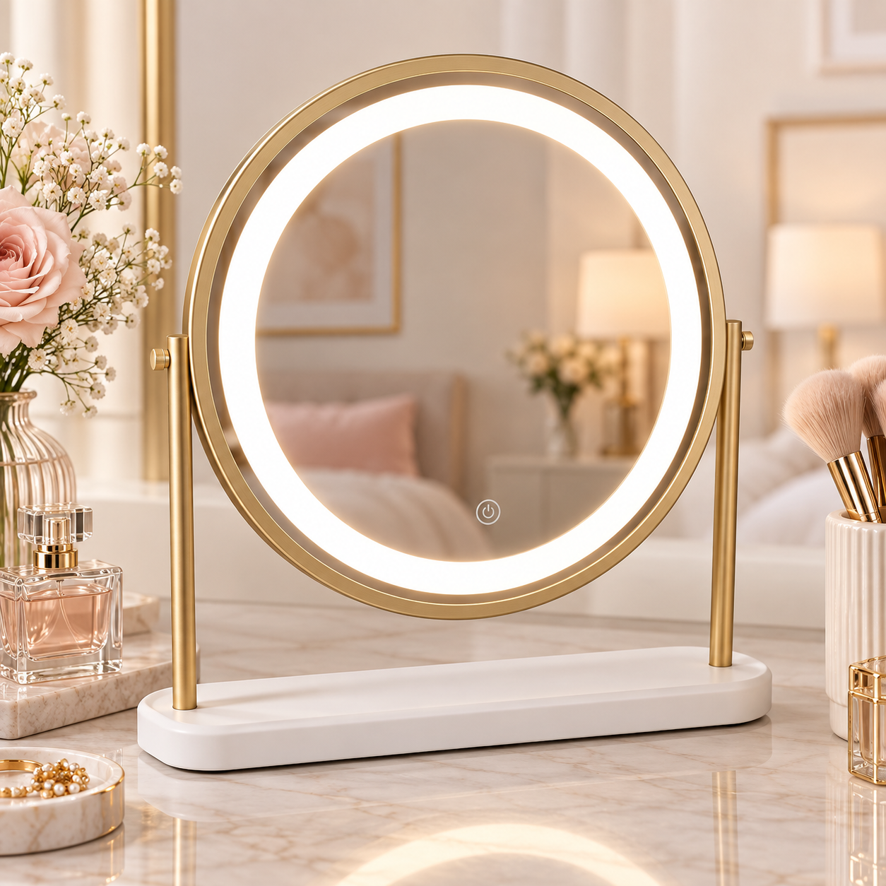 Pre Order Middle October Island Round LED Vanity Mirror – Glamour Gold with lights showcasing elegant design and flattering illumination.