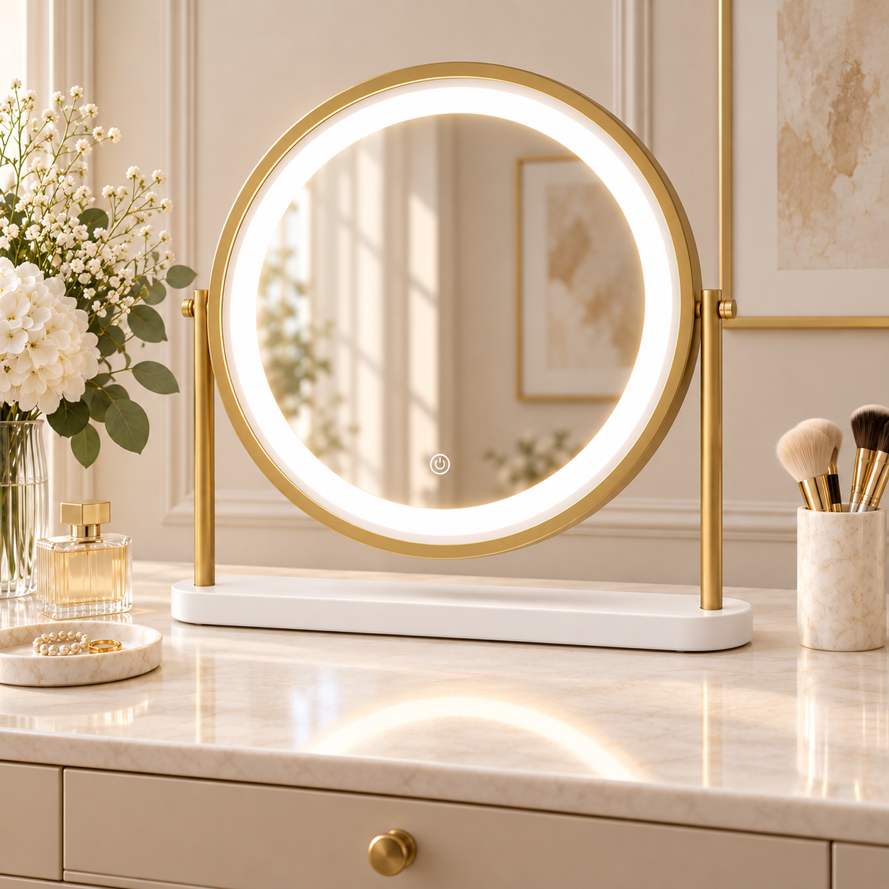 Pre Order Middle October Island Round LED Vanity Mirror – Glamour Gold on a vanity with elegant decor and lighting.