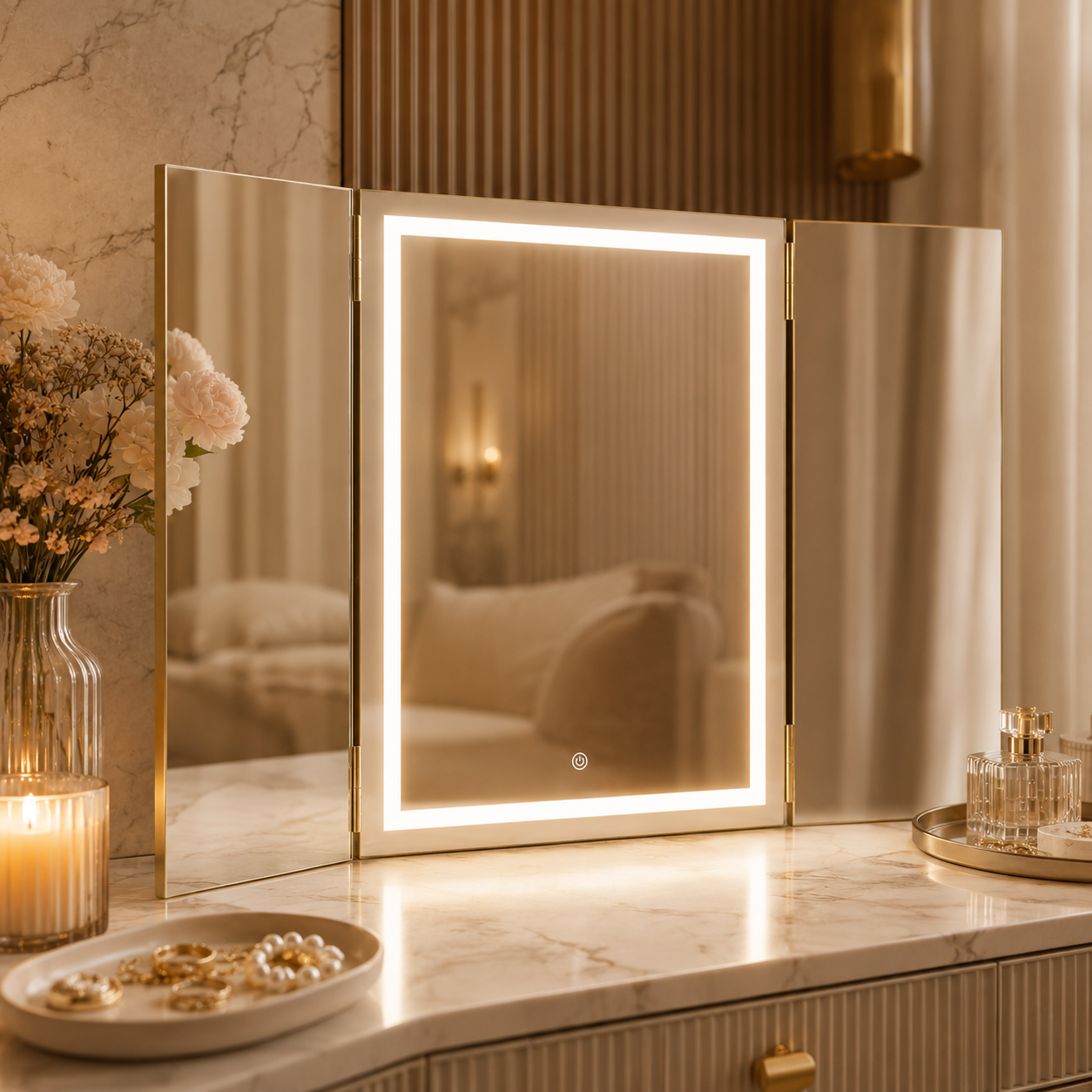 Gold trifold makeup mirror with LED lights on a marble dressing table