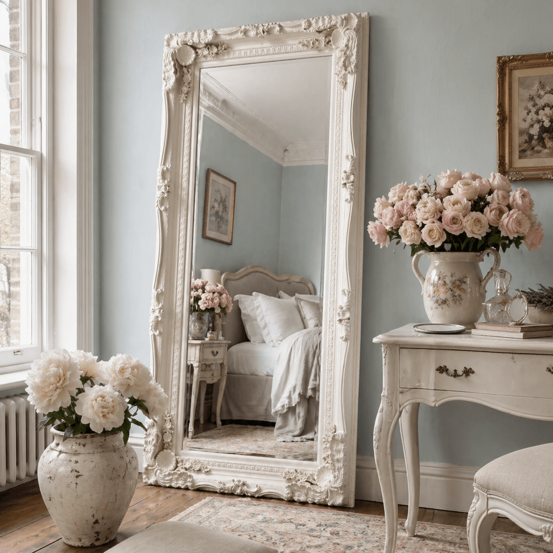 Charles ornate cream carved full length leaner mirror 176cm x 90cm in Georgian period bedroom with blush garden roses, French dressing table and faded Persian rug