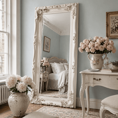 Charles ornate cream carved full length leaner mirror 176cm x 90cm in Georgian period bedroom with blush garden roses, French dressing table and faded Persian rug