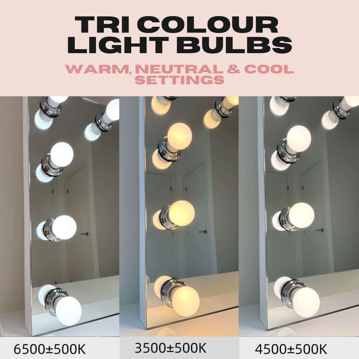 Hepburn Hollywood Mirror displaying tri-colour LED bulbs in cool, warm, and neutral settings for customizable lighting.