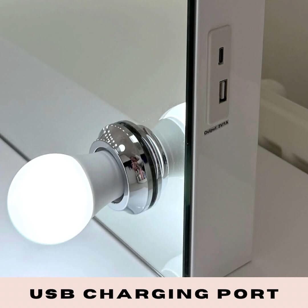 Hepburn Hollywood Mirror with LED bulb and built-in USB charging port, ideal for studio lighting and glam shots.