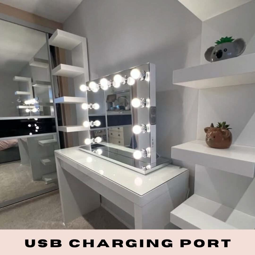 Houston Bluetooth Hollywood Mirror 80x60cm with LED bulbs and USB charging port, ideal for makeup routines with perfect lighting.