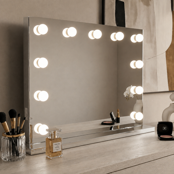 Houston 80 x 60cm Hollywood mirror with illuminated LED bulbs on a dressing table