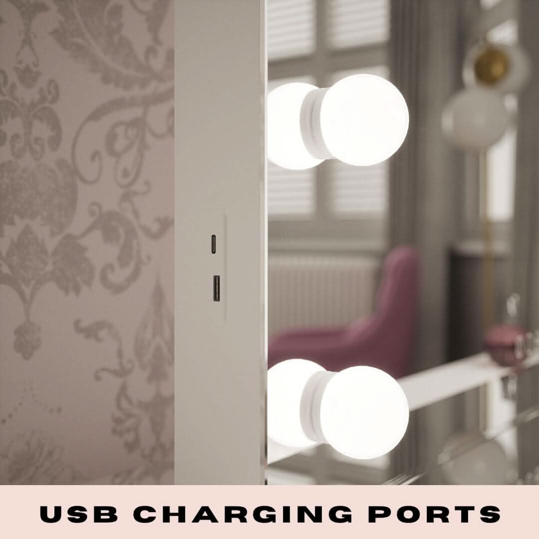Close-up of Houston Bluetooth Hollywood Mirror with USB charging ports and LED bulbs, perfect for makeup enthusiasts.