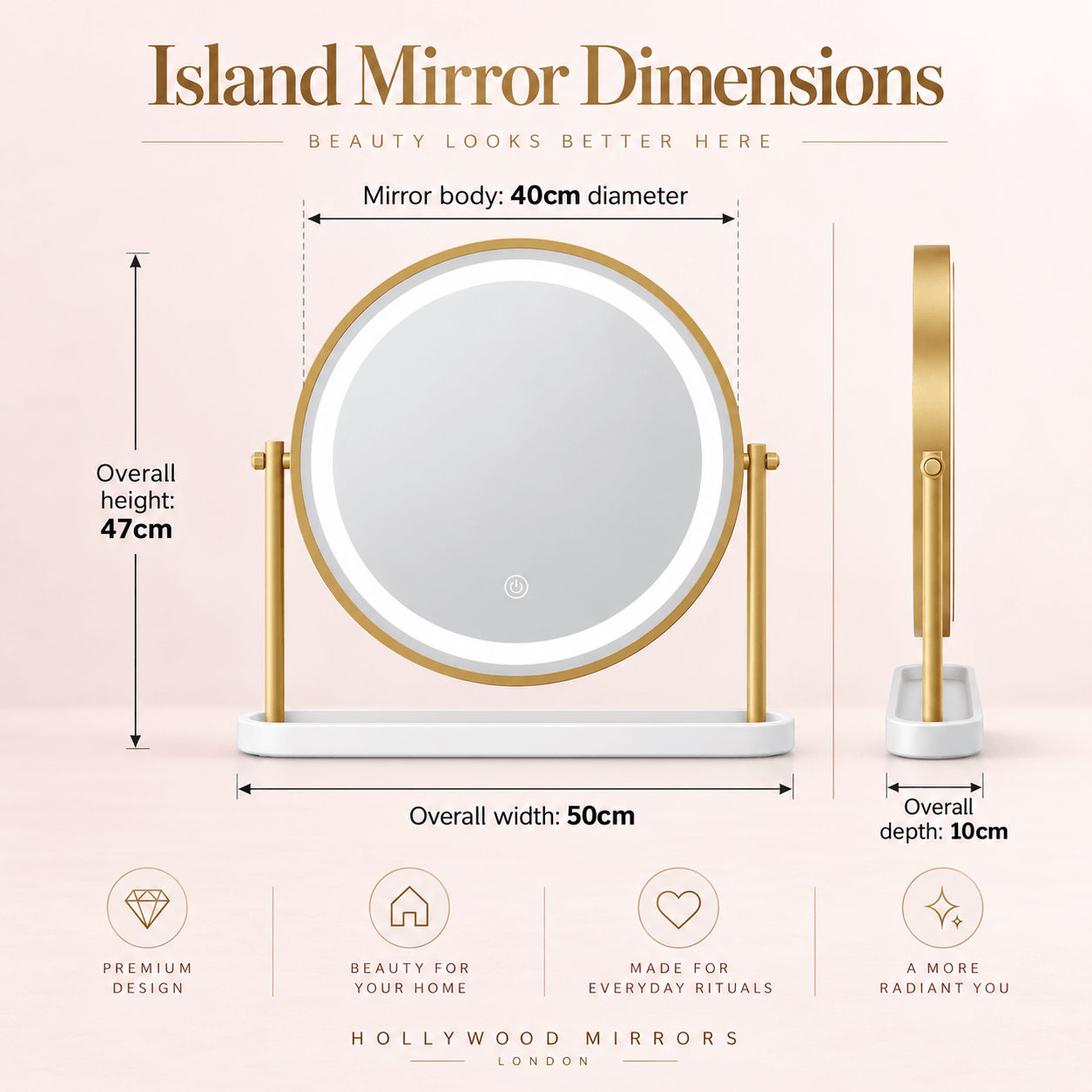 Island Round LED Vanity Mirror dimensions featuring 40cm diameter, 360 tilt, modern style for a dressing table.