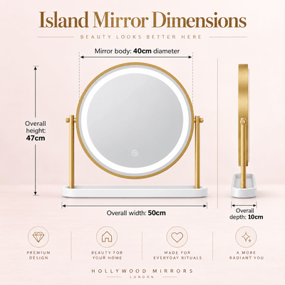 Island Round LED Vanity Mirror dimensions featuring 40cm diameter, 360 tilt, modern style for a dressing table.